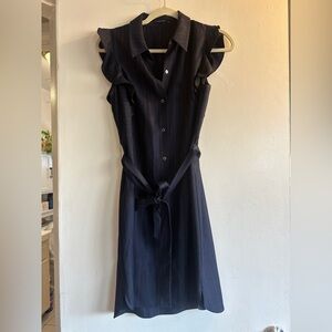 T Tahari Navy pinstripe Midi Dress with Ruffle Sleeves